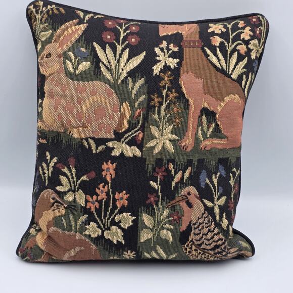 Vintage Robert Allen Wood Animal Tapestry Throw Pillow Rabbit Dog Bird Otter 12" - Picture 1 of 6